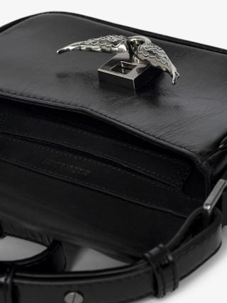 Le Zazi Vintage Patent Bag - Small vintage-inspired patent leather bag with adjustable shoulder strap and signature wings.