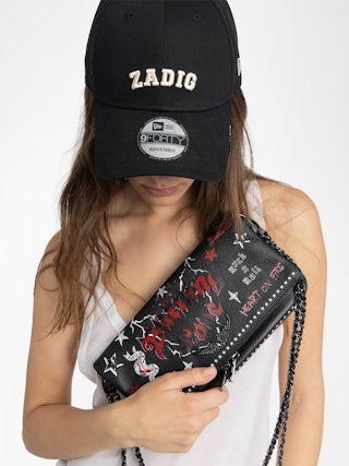 Rock Punk Clutch - Punk grained leather clutch with double leather and metal chain and rhinestone-embellished wings.