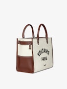 Sac Angel Tote Voltaire XS - Sac cabas en toile et cuir grainé à double anse, bandoulière et signature ailes.