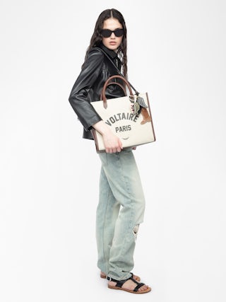 Angel Tote - Canvas and grained leather tote bag with double handles, shoulder strap and wing signature.