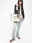 Sac Angel Tote Voltaire XS - Sac cabas en toile et cuir grainé à double anse, bandoulière et signature ailes.