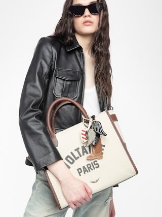 Angel Tote - Canvas and grained leather tote bag with double handles, shoulder strap and wing signature.