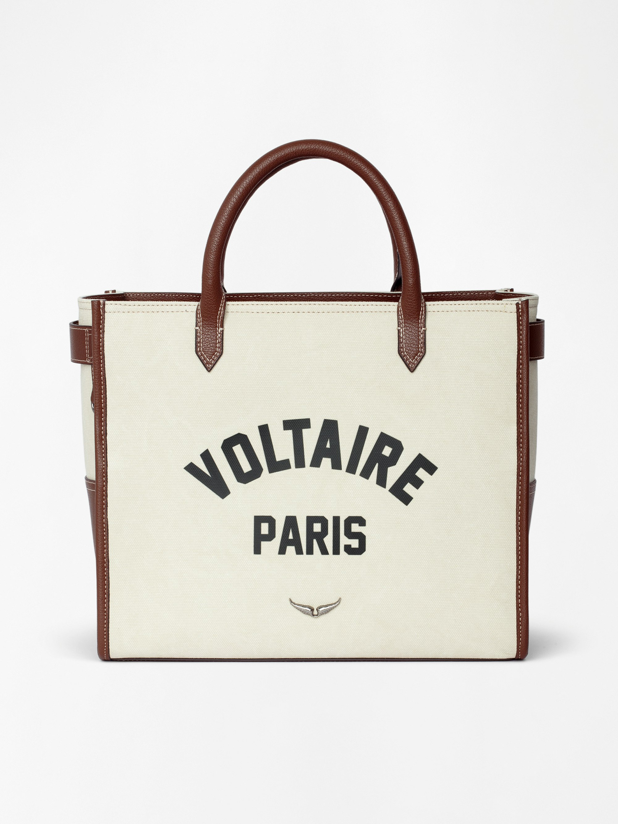 Angel Tote Voltaire Bag - Canvas and grained leather tote bag with double handles, shoulder strap and wing signature.
