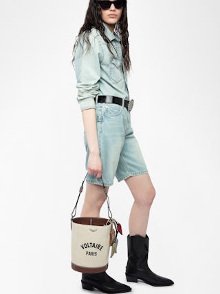 Z Bucket Voltaire Bag - Canvas and grained leather bucket bag with adjustable strap and wing signature.