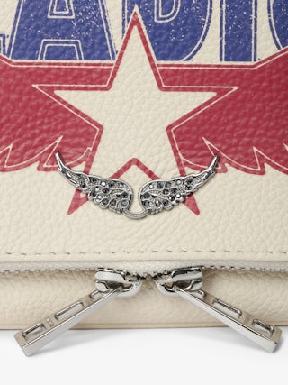 Rock Nano Clutch - Grained leather pochette with double leather and metal chains and rhinestone-embellished wings.