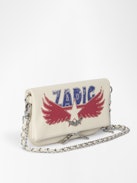 Pochette Rock Nano - Pochette in pelle granata con doppia catena in pelle e metallo e ali decorate con strass.