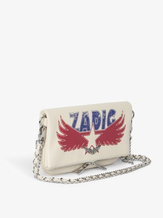 Rock Nano Clutch - Grained leather pochette with double leather and metal chains and rhinestone-embellished wings.