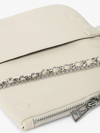 Rock Nano Clutch - Grained leather pochette with double leather and metal chains and rhinestone-embellished wings.