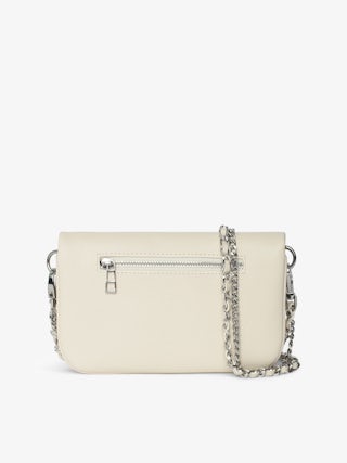 Rock Nano Clutch - Grained leather pochette with double leather and metal chains and rhinestone-embellished wings.