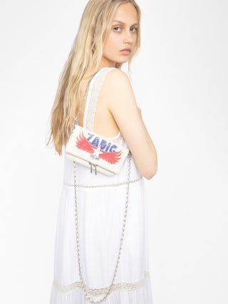 Rock Nano Clutch - Grained leather pochette with double leather and metal chains and rhinestone-embellished wings.