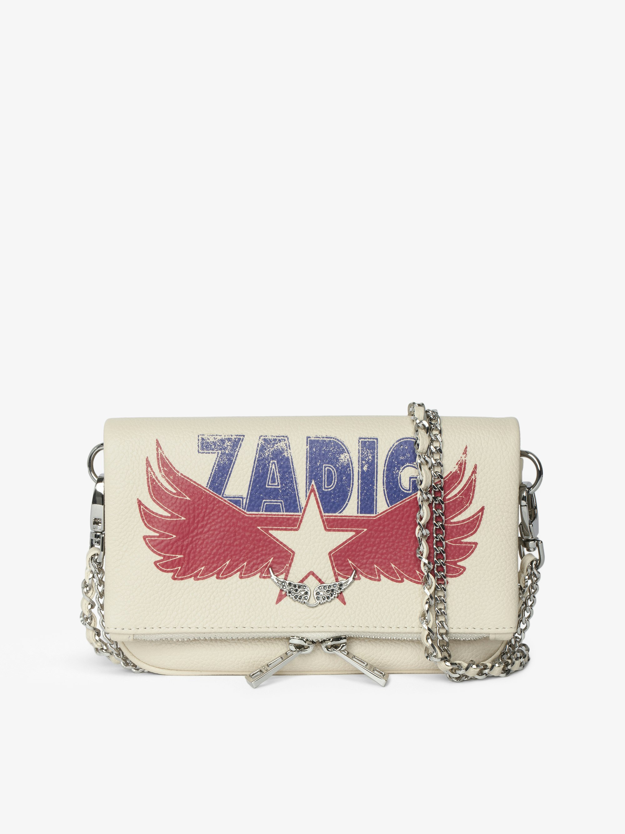 Clutch Rock Nano - Pochette aus genarbtem Leder mit doppelten Leder- und Metallketten und mit Strass verzierten Flügeln.
