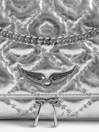 Rock II Silver Metallic Clutch - Pochette in quilted metallic leather with sliding metal chain and signature wings.
