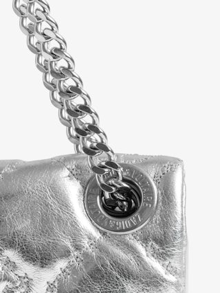 Rock II Silver Metallic Clutch - Pochette in quilted metallic leather with sliding metal chain and signature wings.