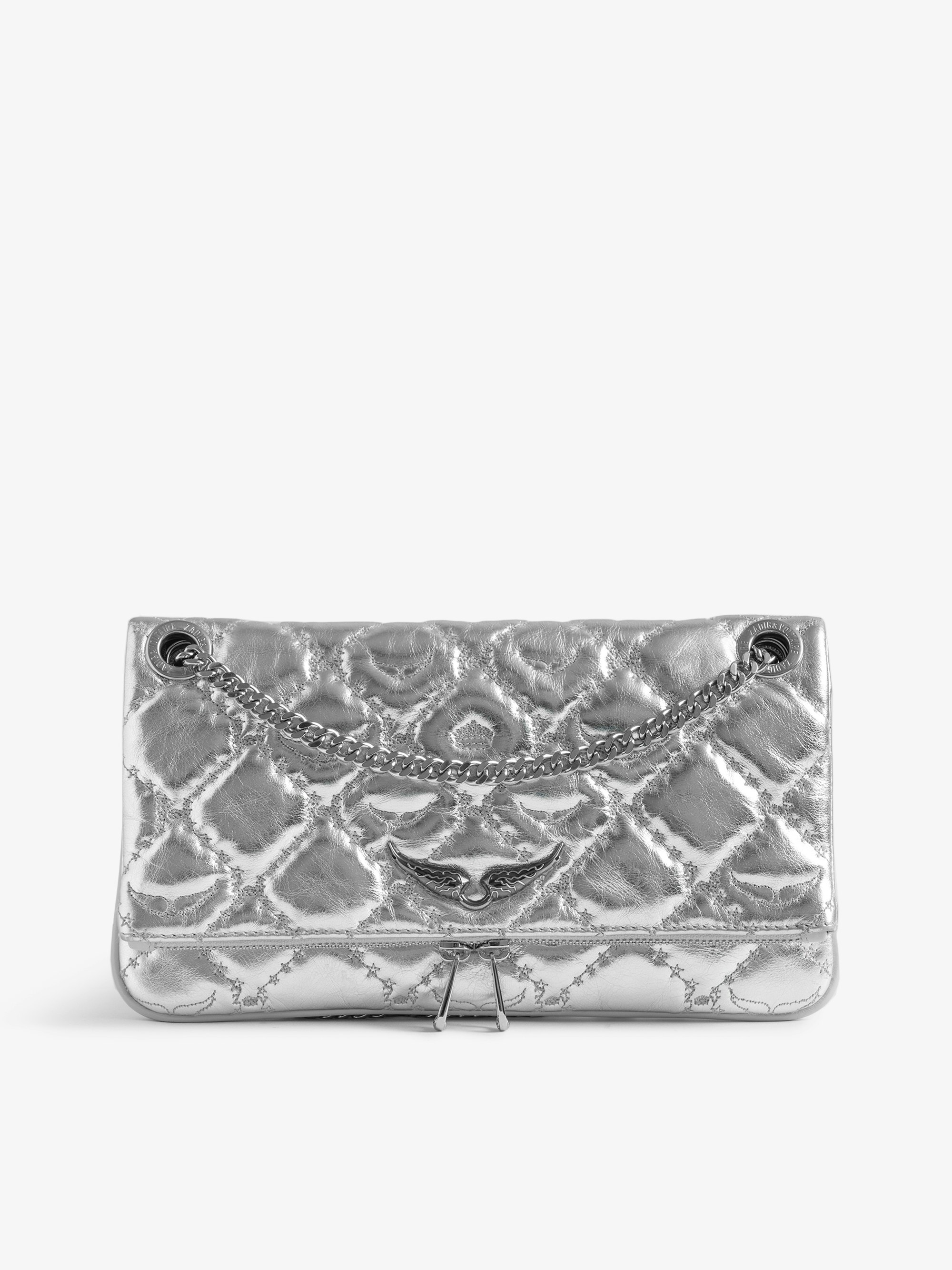 Rock II Silver Metallic Clutch - Pochette in quilted metallic leather with sliding metal chain and signature wings.