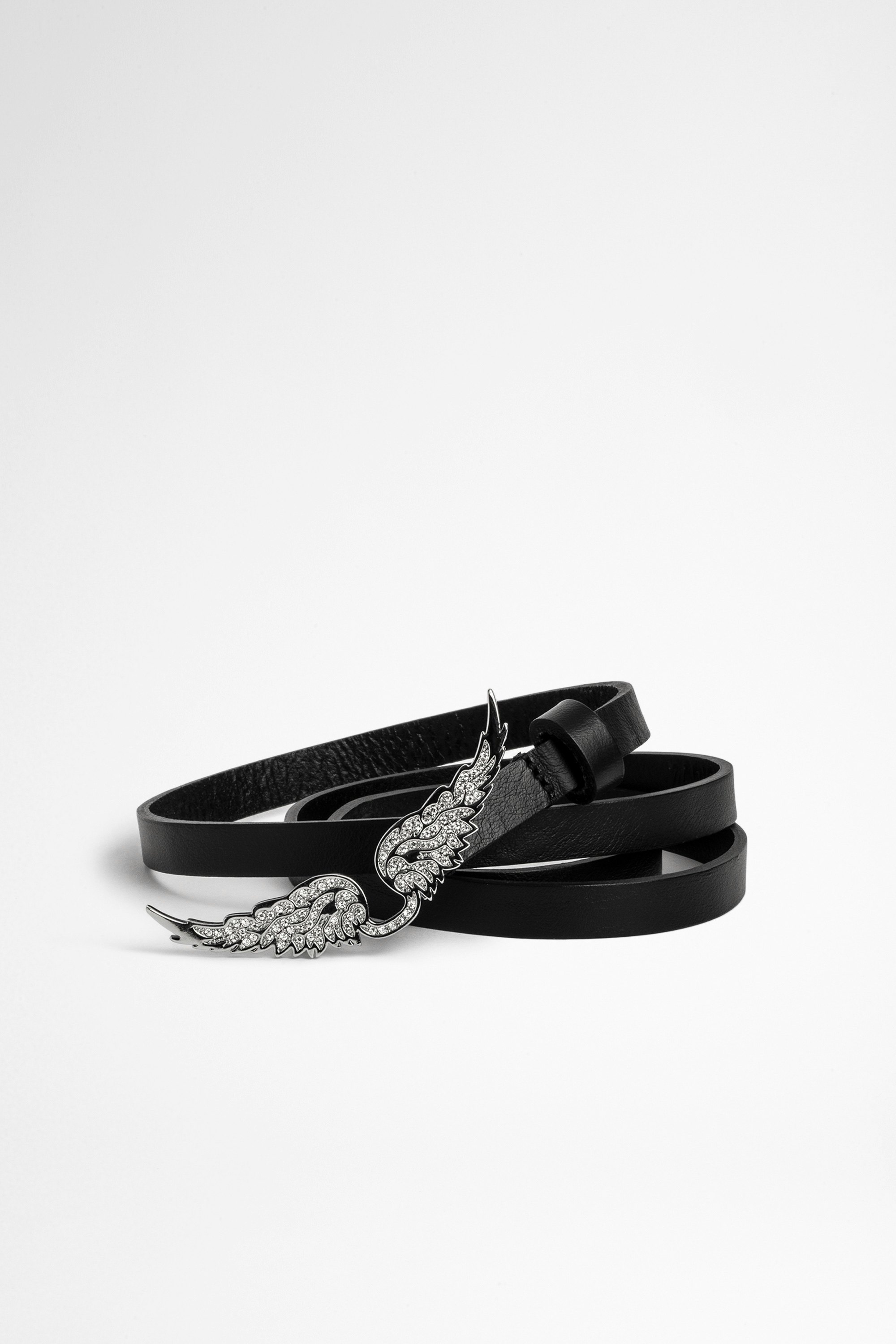 Cintura Rock Pelle Cintura nera con fibbia ad ali con strass donna