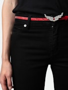 Rock Chain Glossy Wild Belt - Women’s red python-effect patent leather belt with wings charm.