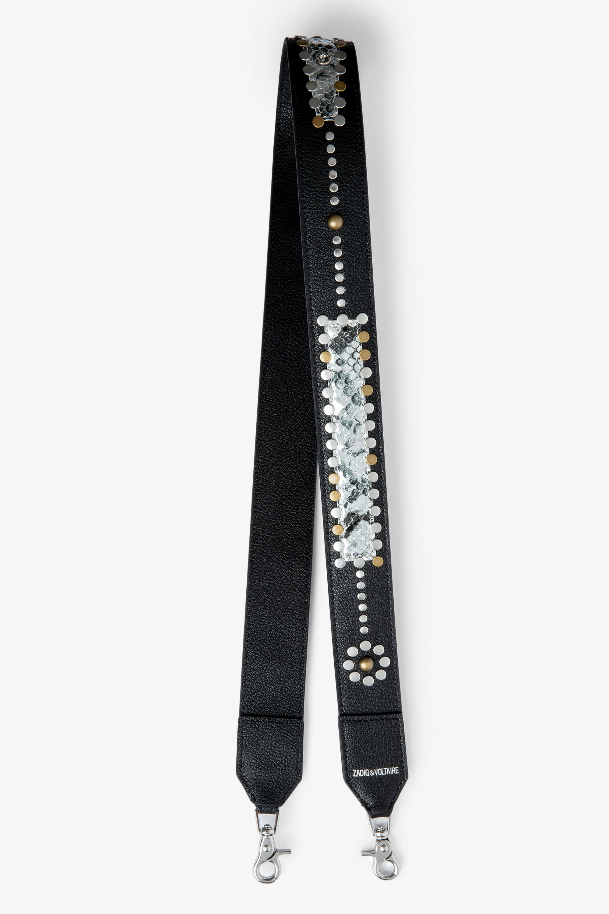 Wild ストラップ Women’s black grained leather shoulder strap with rivets and python-embossed panels