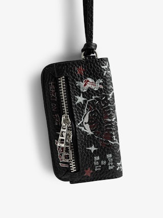 Rock Punk Keychain - Mini Rock pouch charm in vintage leather with zip pocket, internal pocket and interior mirror.