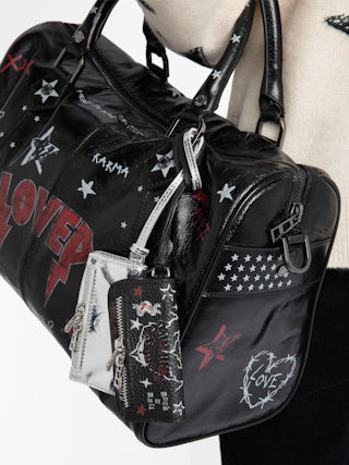 Rock Punk Keychain - Mini Rock pouch charm in vintage leather with zip pocket, internal pocket and interior mirror.