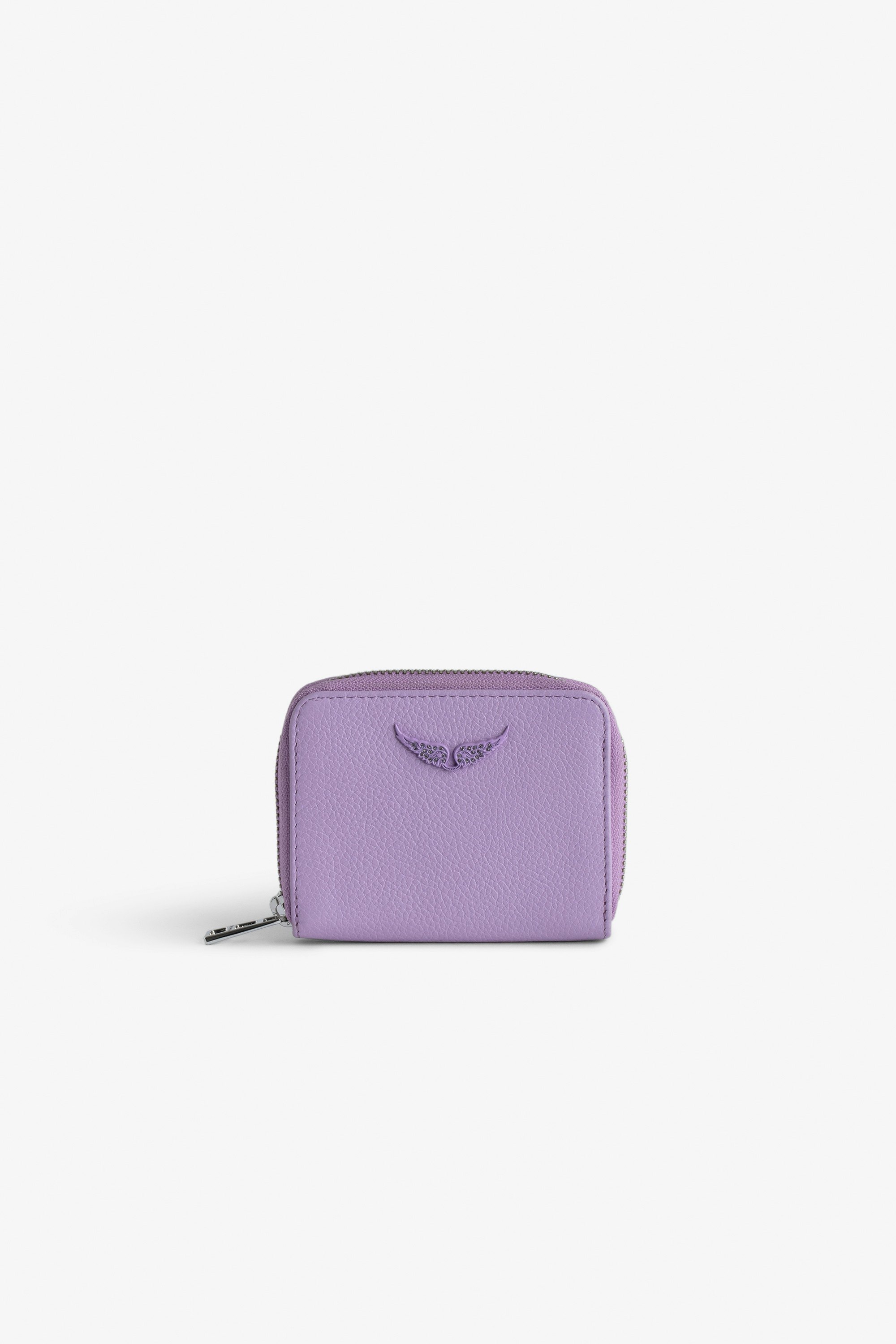 Porte-Monnaie Mini ZV - Porte-monnaie en cuir grainé violet orné d'un charm ailes à strass.