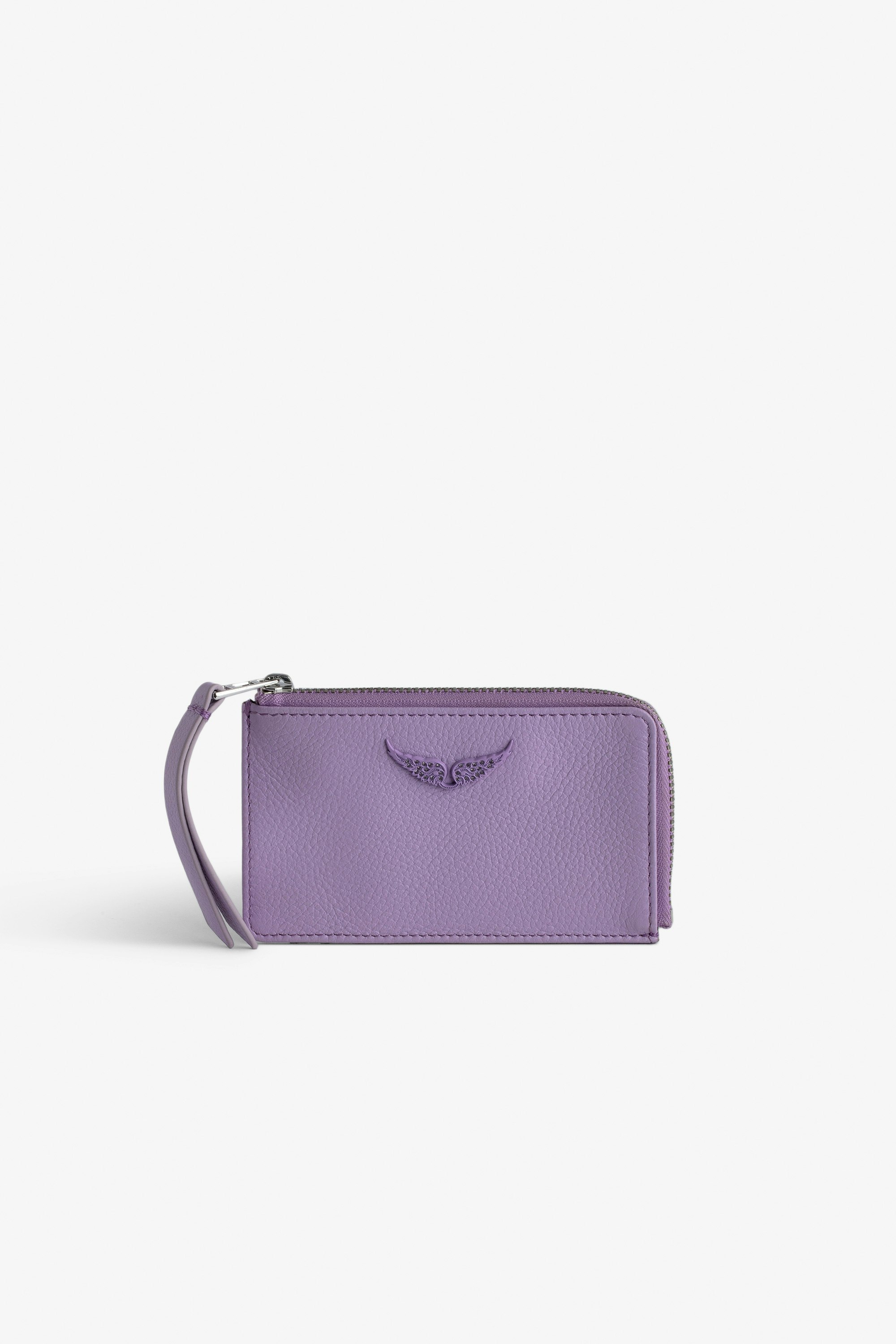 Porte-Cartes ZV Card - Porte-cartes en cuir grainé violet orné d'un charm ailes à strass.