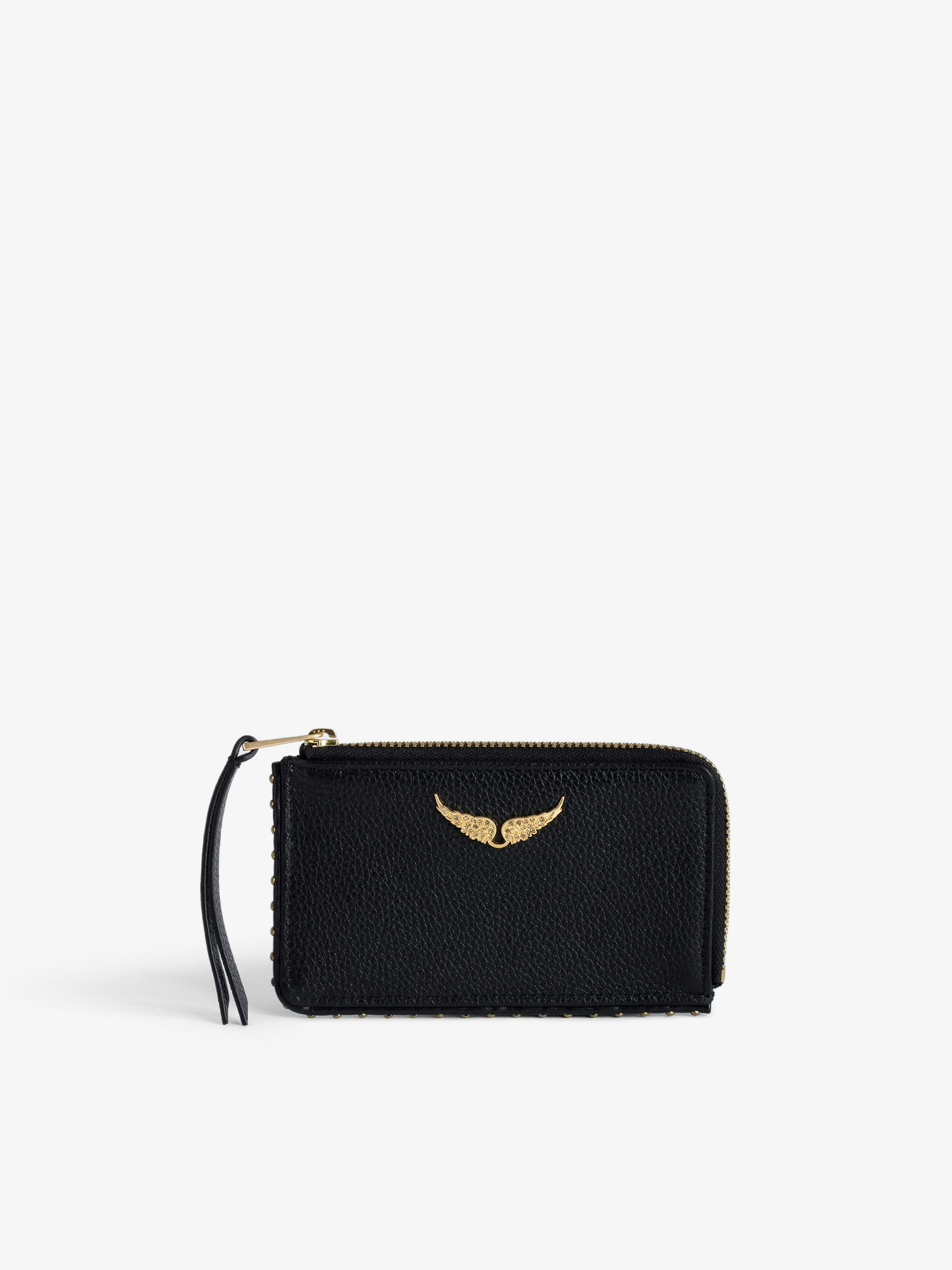 ZV Card Card Holder - Women’s black grained leather card holder with studded trim and wings charm.