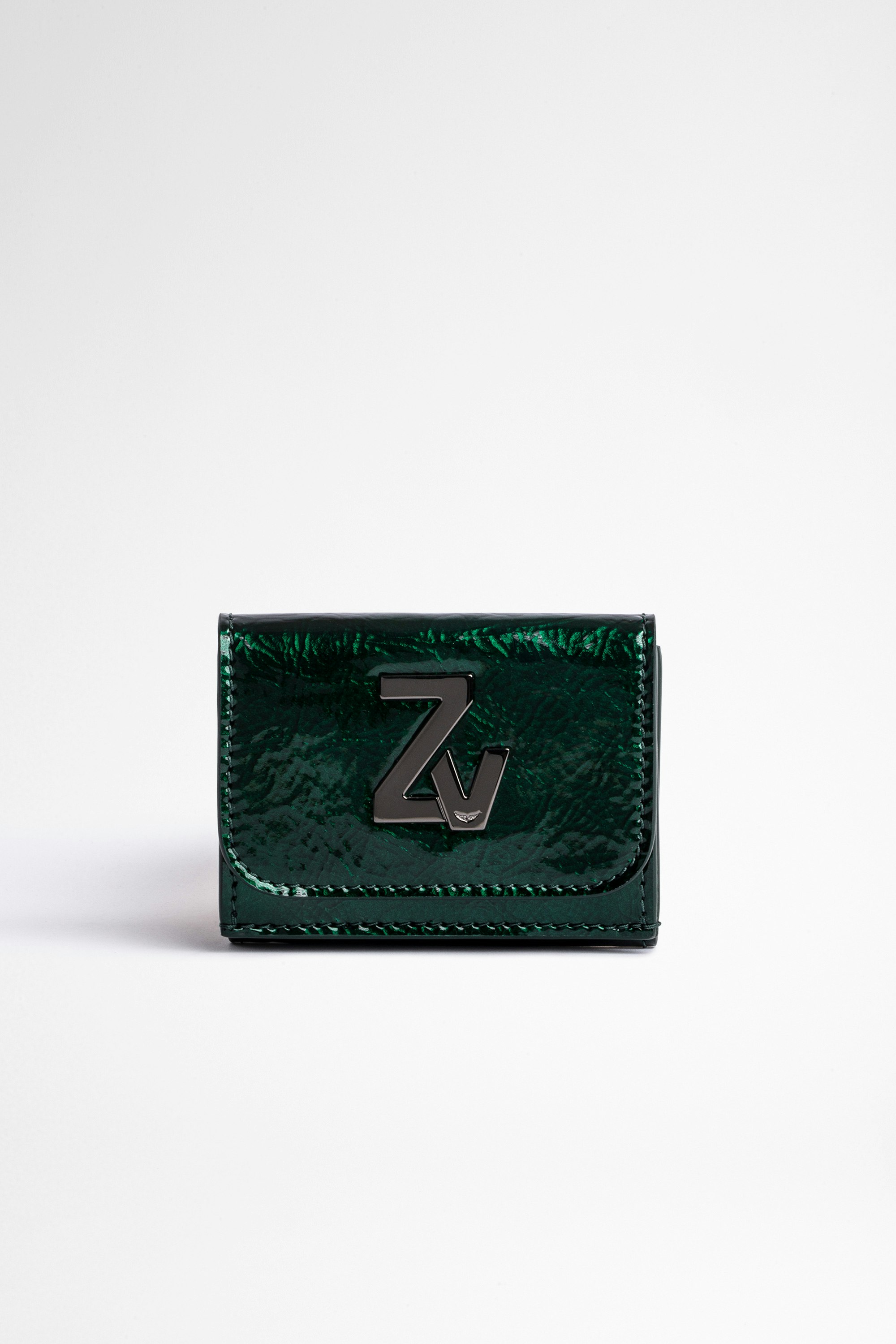 Portemonnaie ZV Initiale Le Trifold Faltbares Mini-Portemonnaie aus grünem metallisierten Leder für Damen