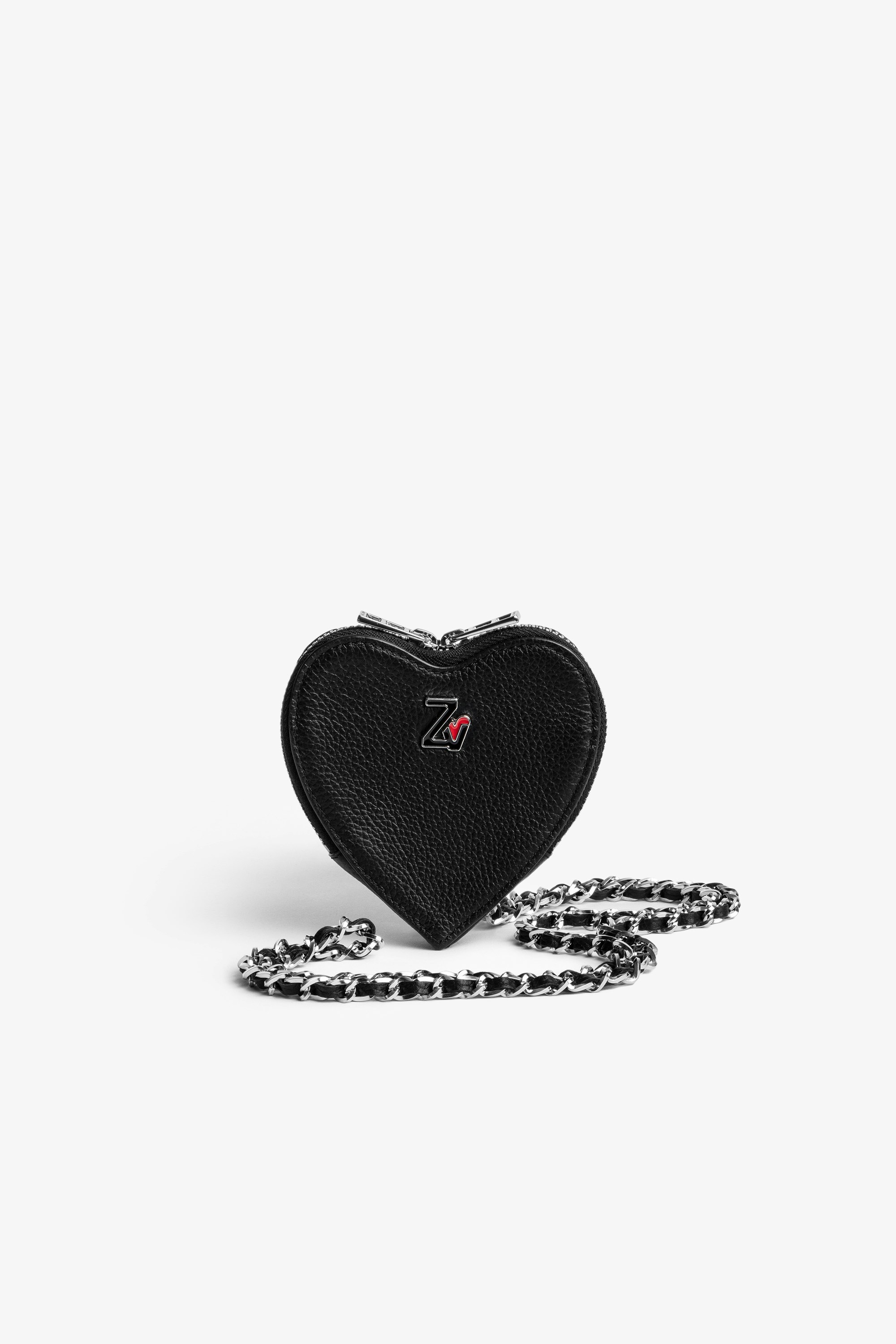 Clutch ZV Crush Le Coeur Herz-Clutch aus schwarzem gekörnten Leder mit Reißverschluss und Umhängeriemen aus Kette und Leder für Damen