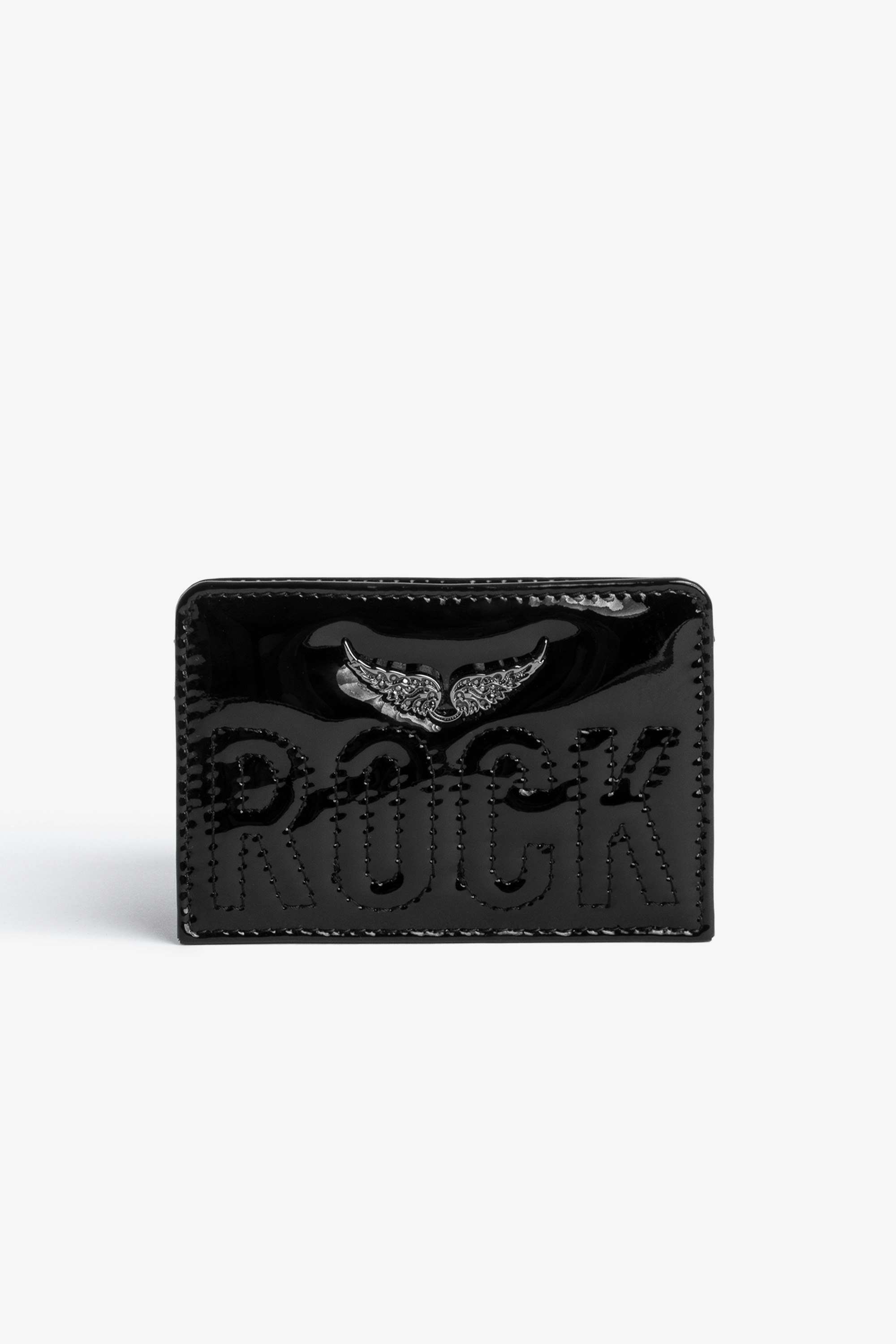 ZV Pass Card Holder Women’s black patent leather card holder with topstitched “Rock” slogan and crystal-set wings charm