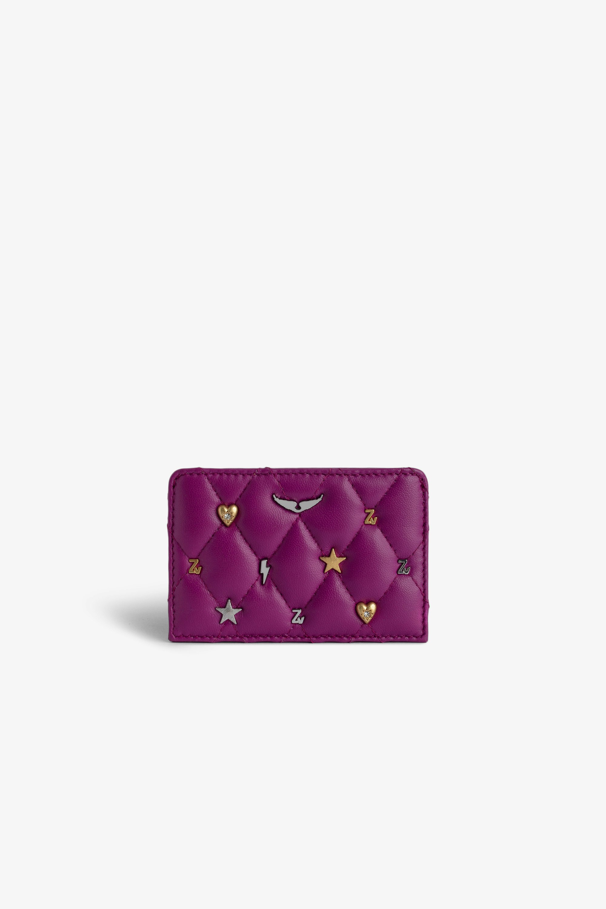 ZV Pass Card Holder - Fuchsia smooth and quilted leather card holder with wings charm and lucky charms.
