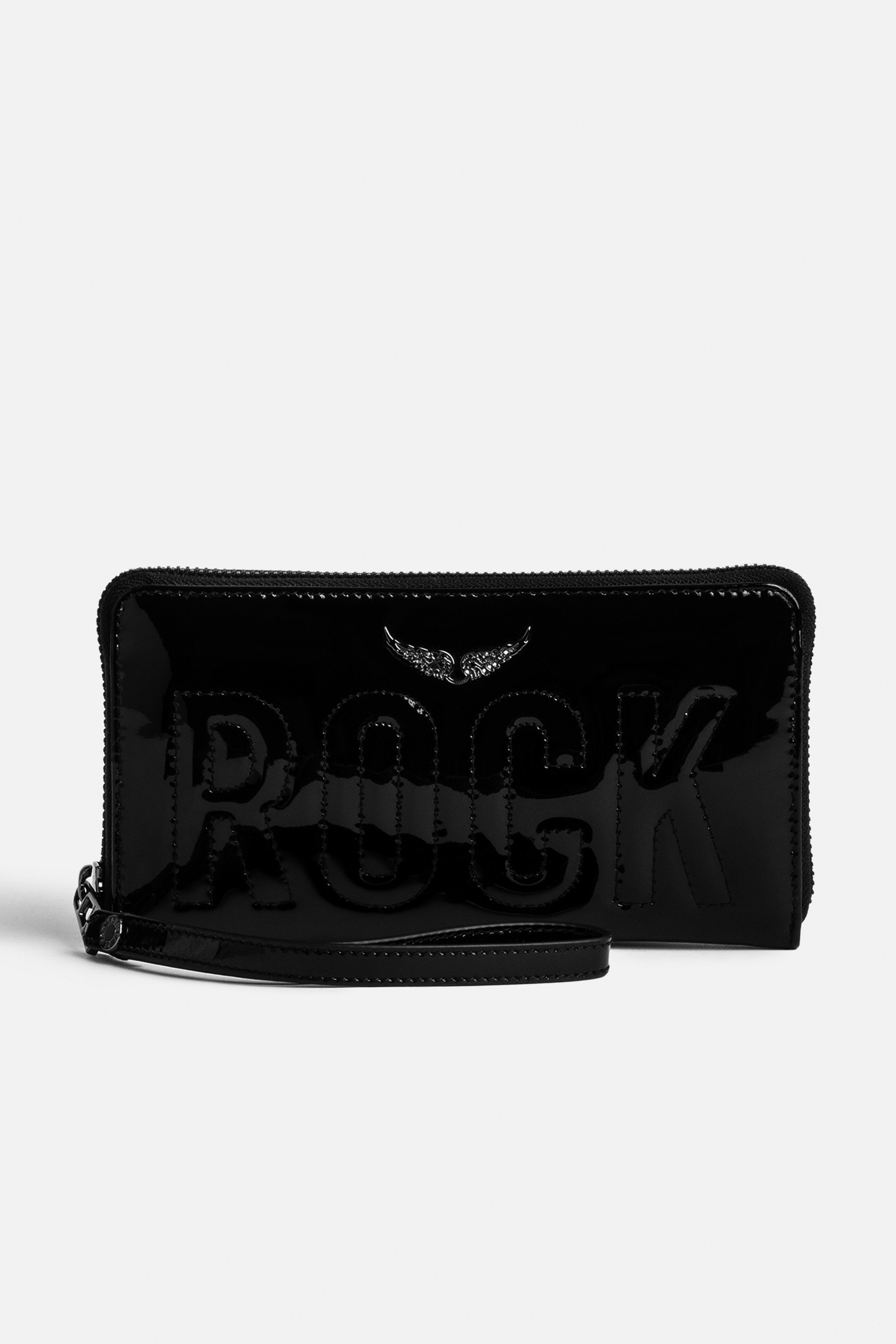 Compagnon Wallet Women’s black patent leather Compagnon wallet with topstitched “Rock” slogan and crystal-embellished wings charm