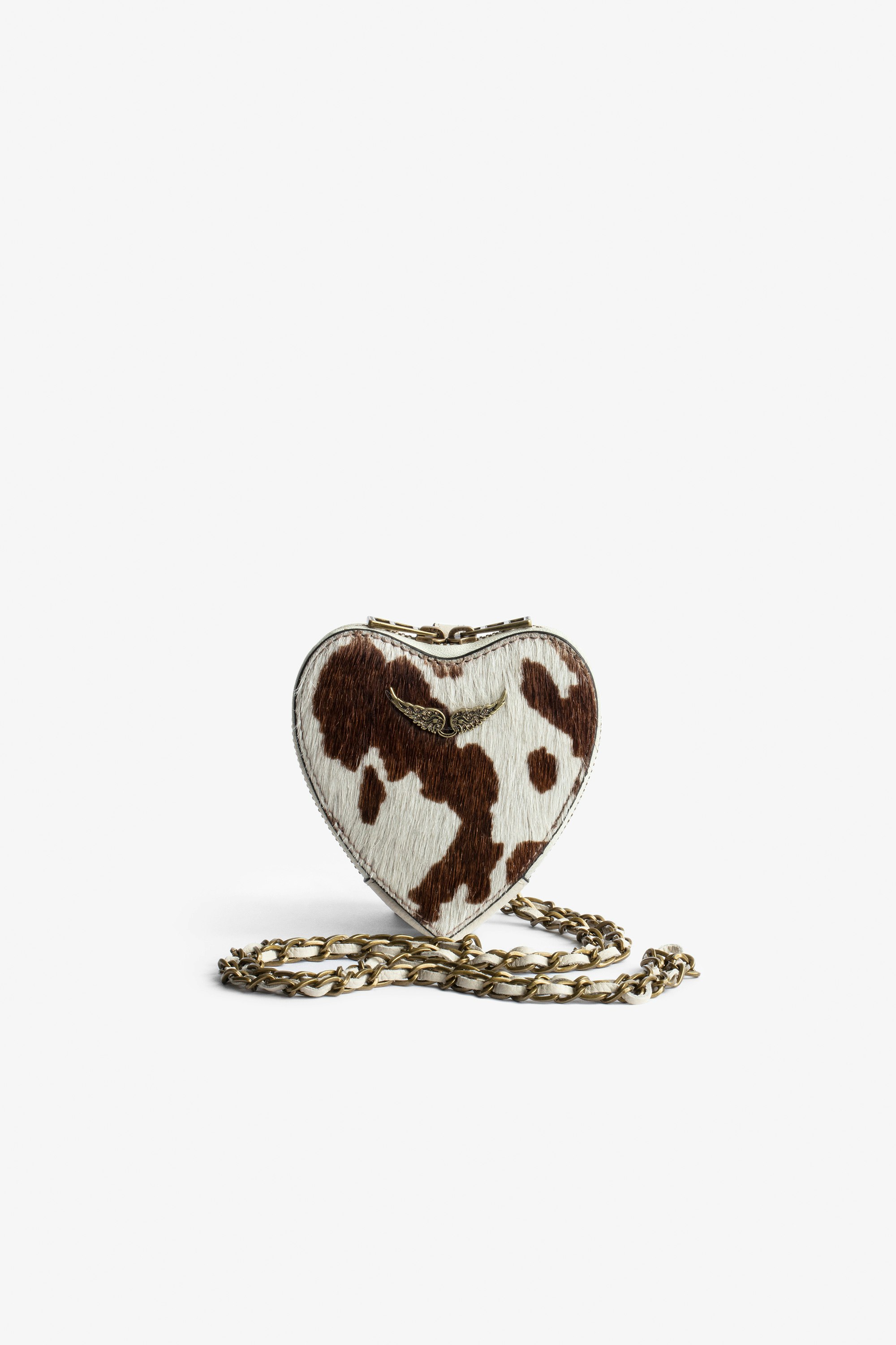 Bolso de mano ZV Crush Bolso de mano en forma de corazón marrón y blanco de piel con efecto poni para mujer con bandolera