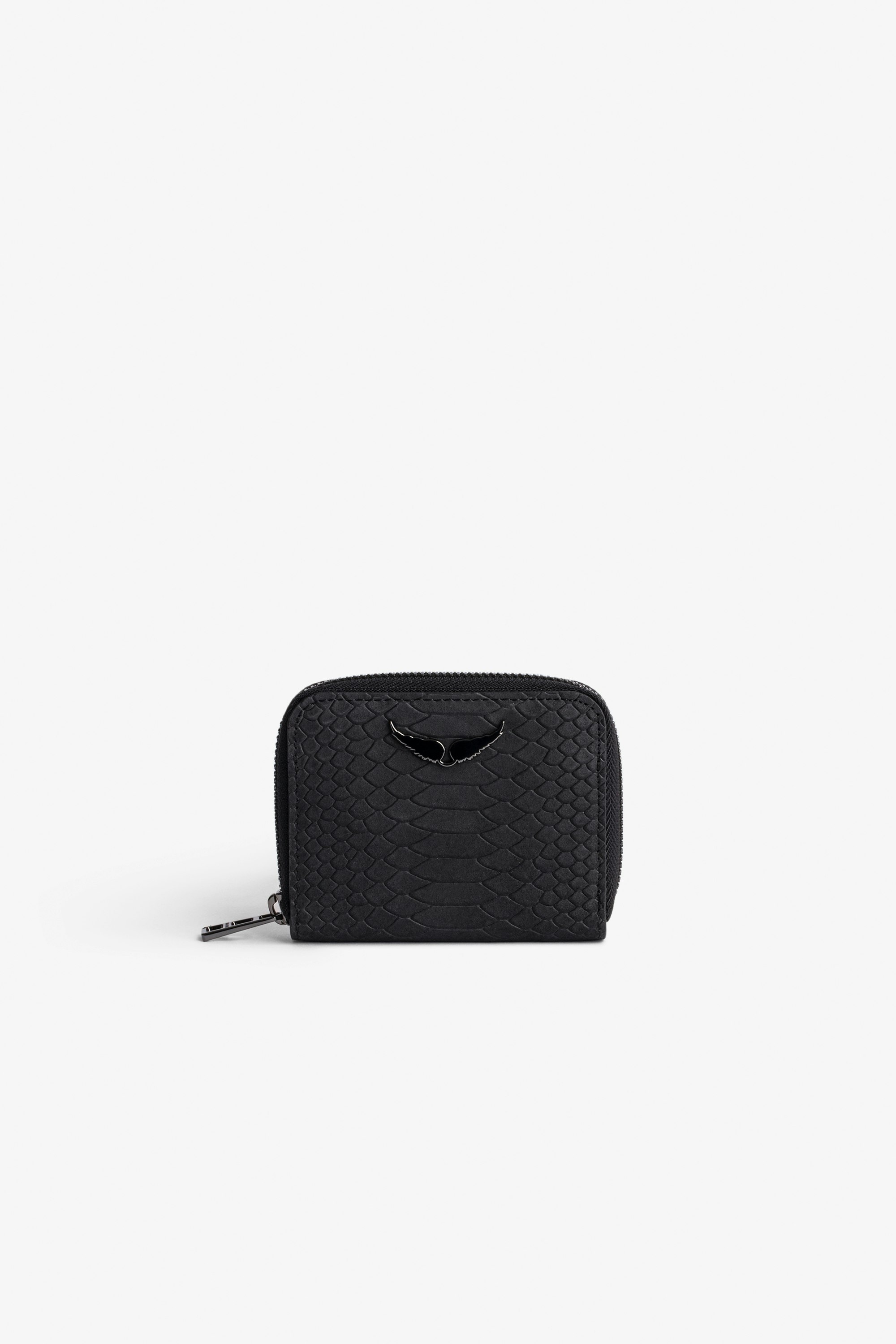Portemonnaie Mini ZV - Damen-Portemonnaie aus schwarzem Leder in Python-Optik
