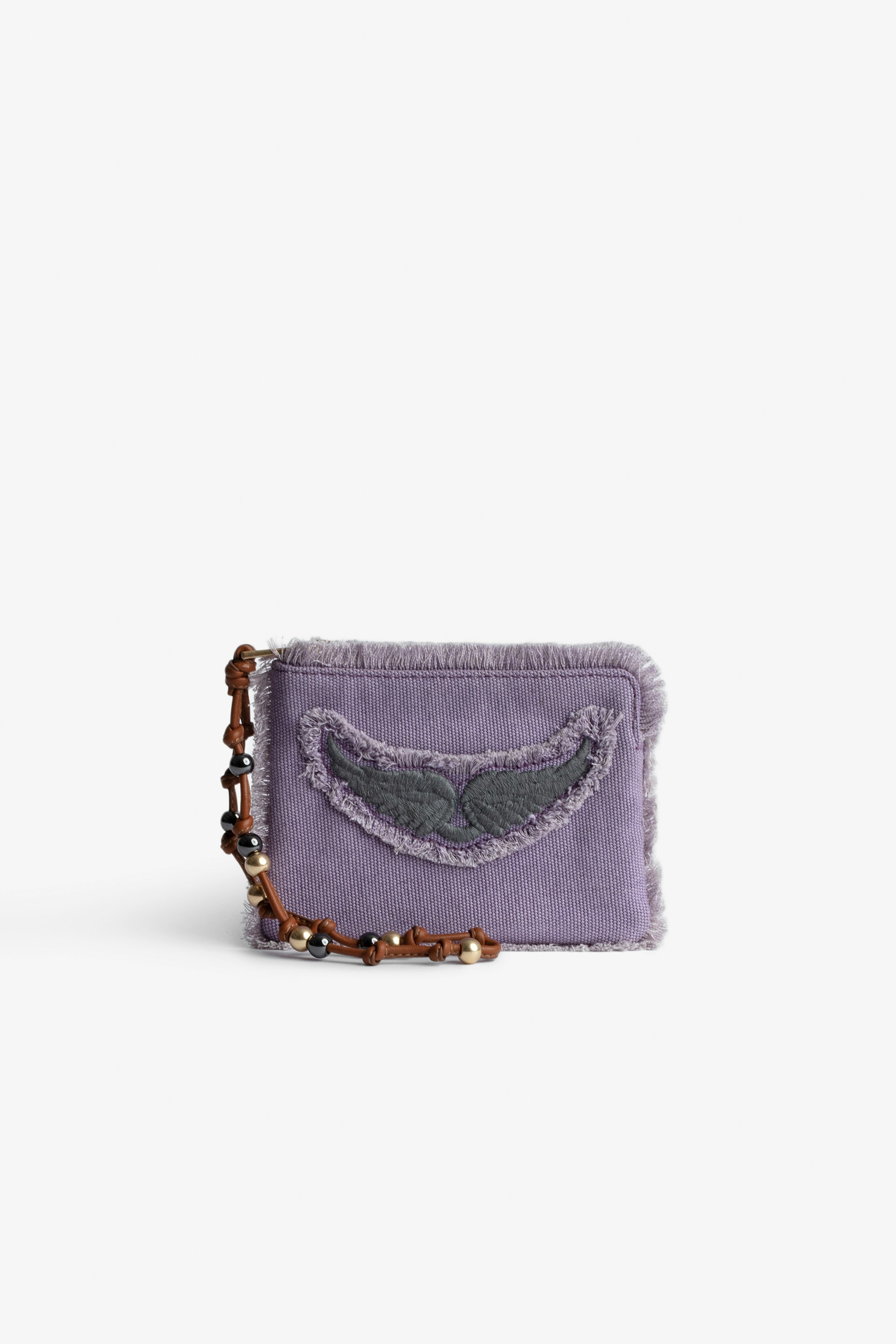 Mini Uma Clutch Women's purple cotton clutch bag with fringing, wings patch and a beaded strap
