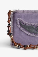 Mini Uma Clutch - Women's purple cotton clutch bag with fringing, wings patch and a beaded strap