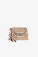 Mini Uma Clutch - Women's brown cotton clutch bag with fringing, wing patch and a beaded strap