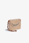 Mini Uma Clutch - Women's brown cotton clutch bag with fringing, wing patch and a beaded strap