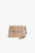 Mini Uma Clutch - Women's brown cotton clutch bag with fringing, wing patch and a beaded strap