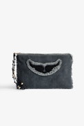 Uma Clutch - Women's black cotton clutch bag with fringing, wings patch and a beaded strap