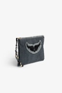 Uma Clutch - Women's black cotton clutch bag with fringing, wings patch and a beaded strap