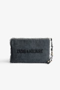 Uma Clutch - Women's black cotton clutch bag with fringing, wings patch and a beaded strap