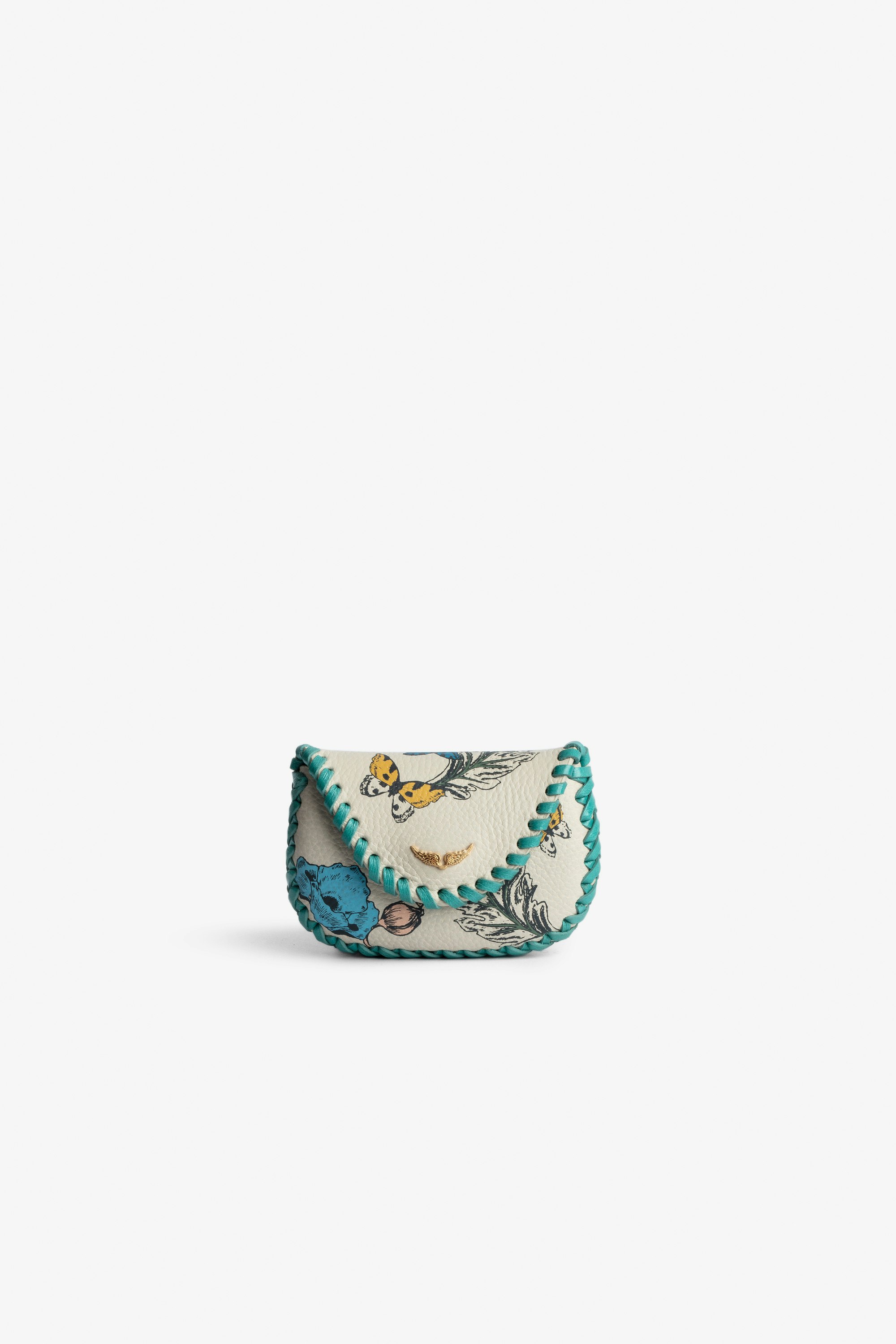 Bolso de mano Secret Minibolso de mano de color crudo de piel para mujer con estampado de flores y bordes trenzados turquesa