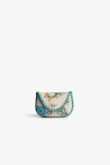 Pochette Secret - Mini pochette en cuir écru motif fleuri à bords tressés turquoise Femme