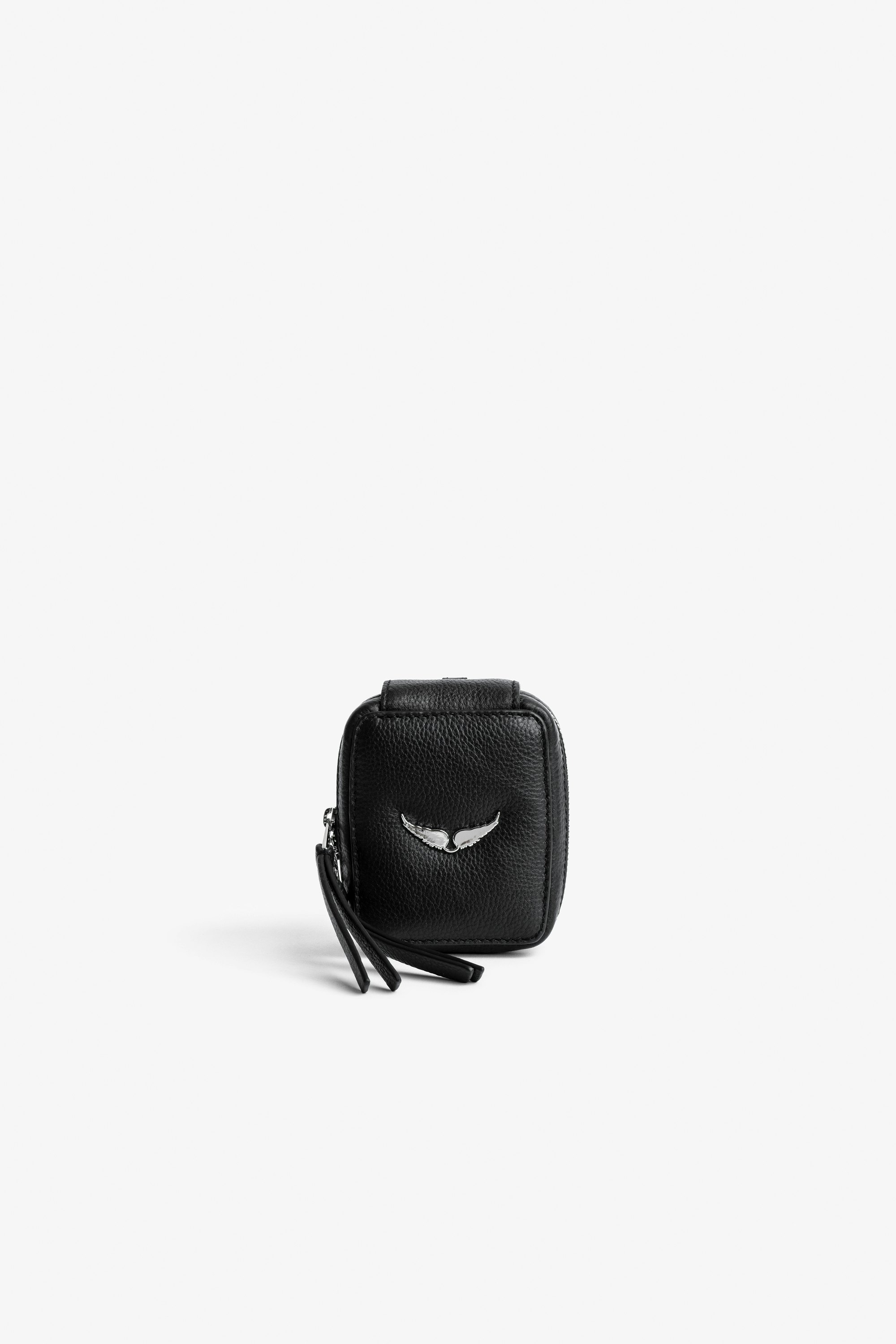 Swing Your Wings clutch - Women’s black grained leather clutch with Swing Your Wings charm.