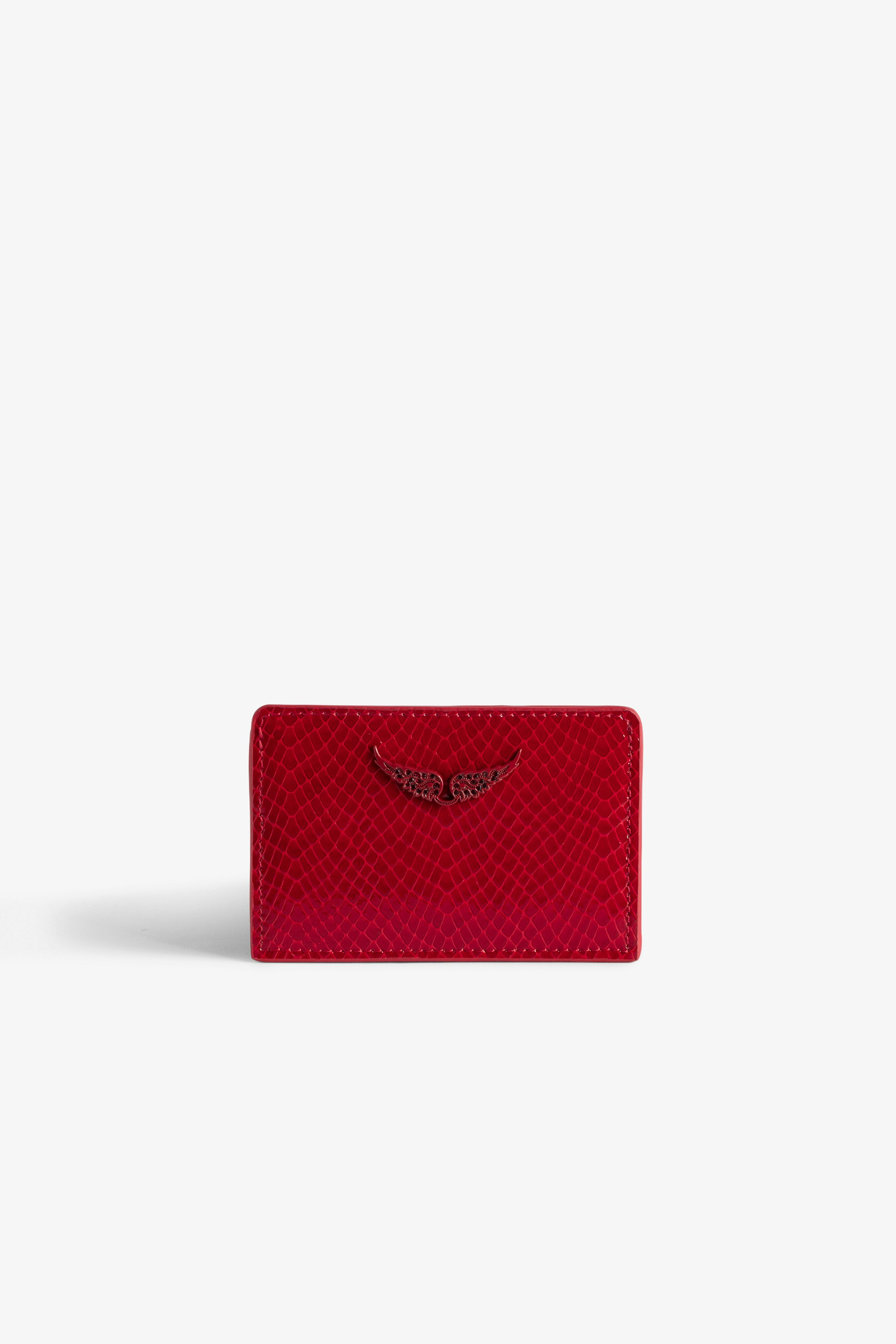 ZV Pass Embossed Card Holder - Women’s red python-effect patent leather card holder with diamanté wings charm.