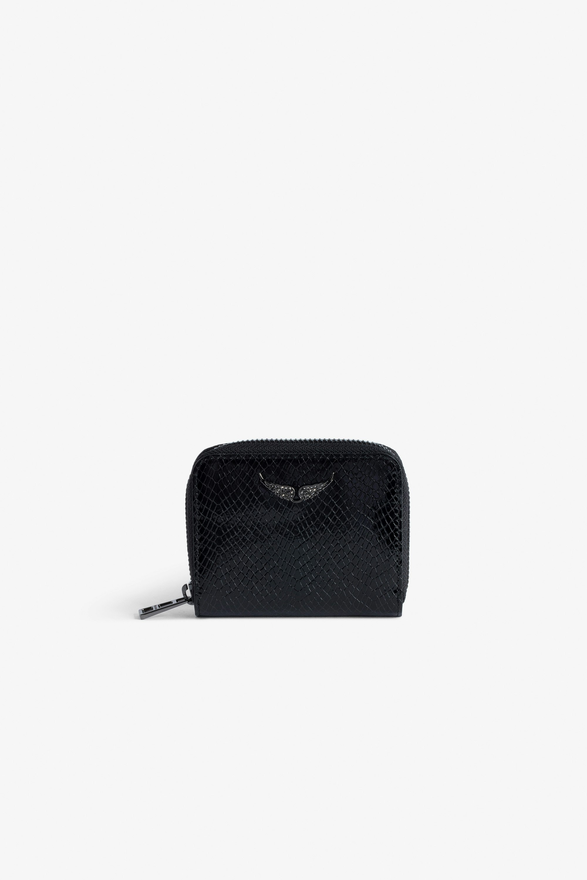 Mini ZV Glossy Wild Embossed Coin Purse - Women’s black python-effect patent leather wallet with diamanté wings charm.
