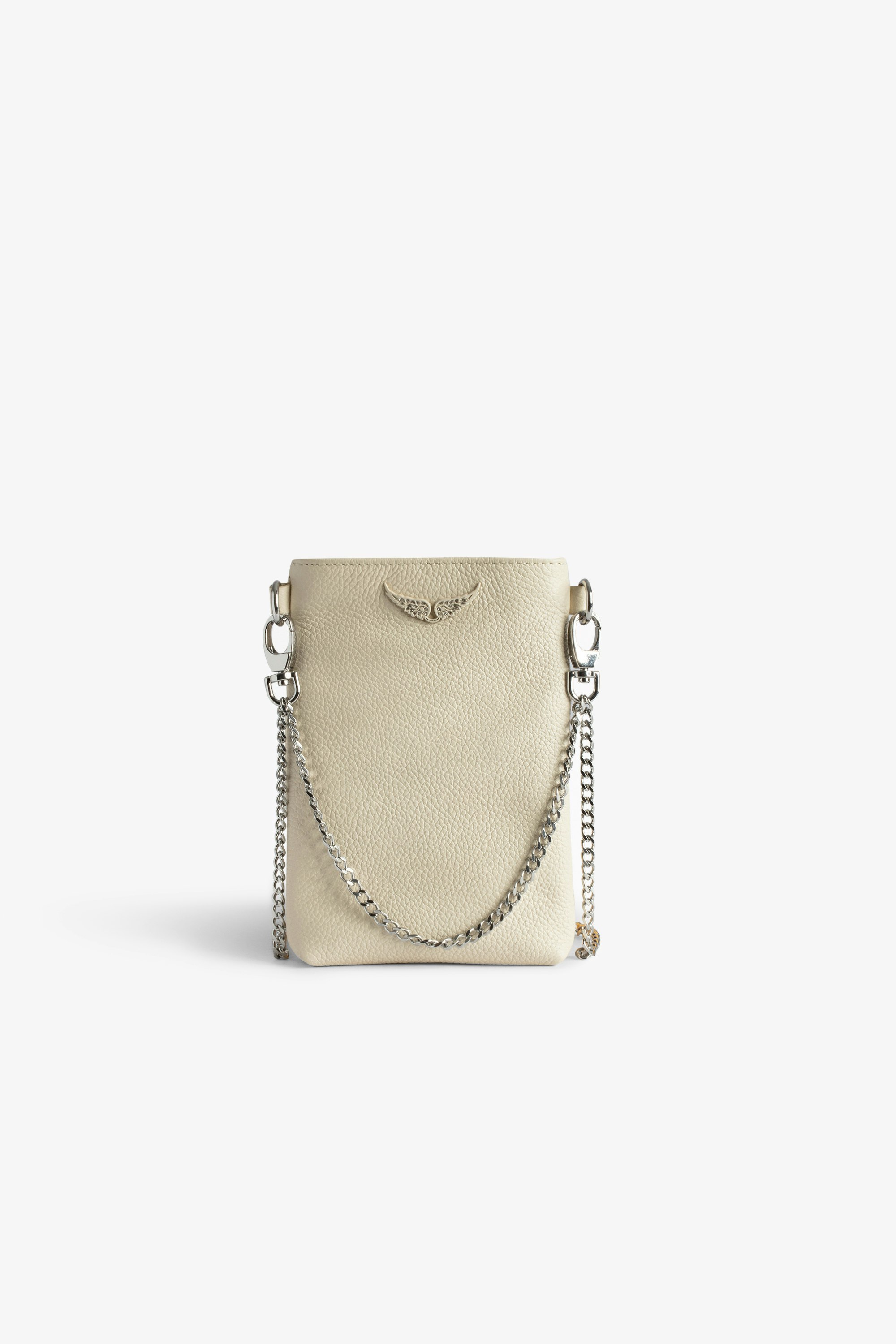 Rock Pouch Clutch - Women’s ecru grained leather phone pouch with chains and diamanté wings charm.