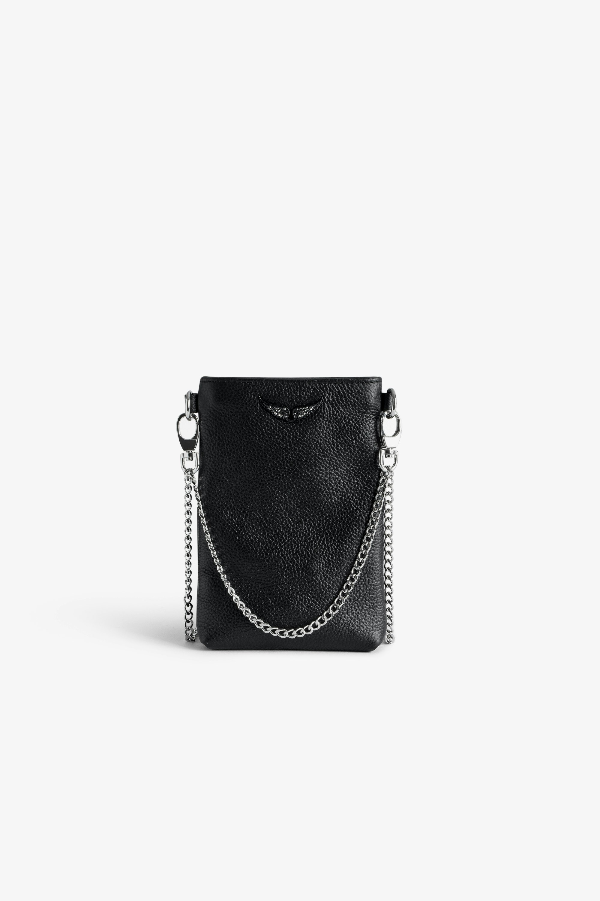Rock Pouch Clutch - Women’s black grained leather phone pouch with chains and diamanté wings charm.