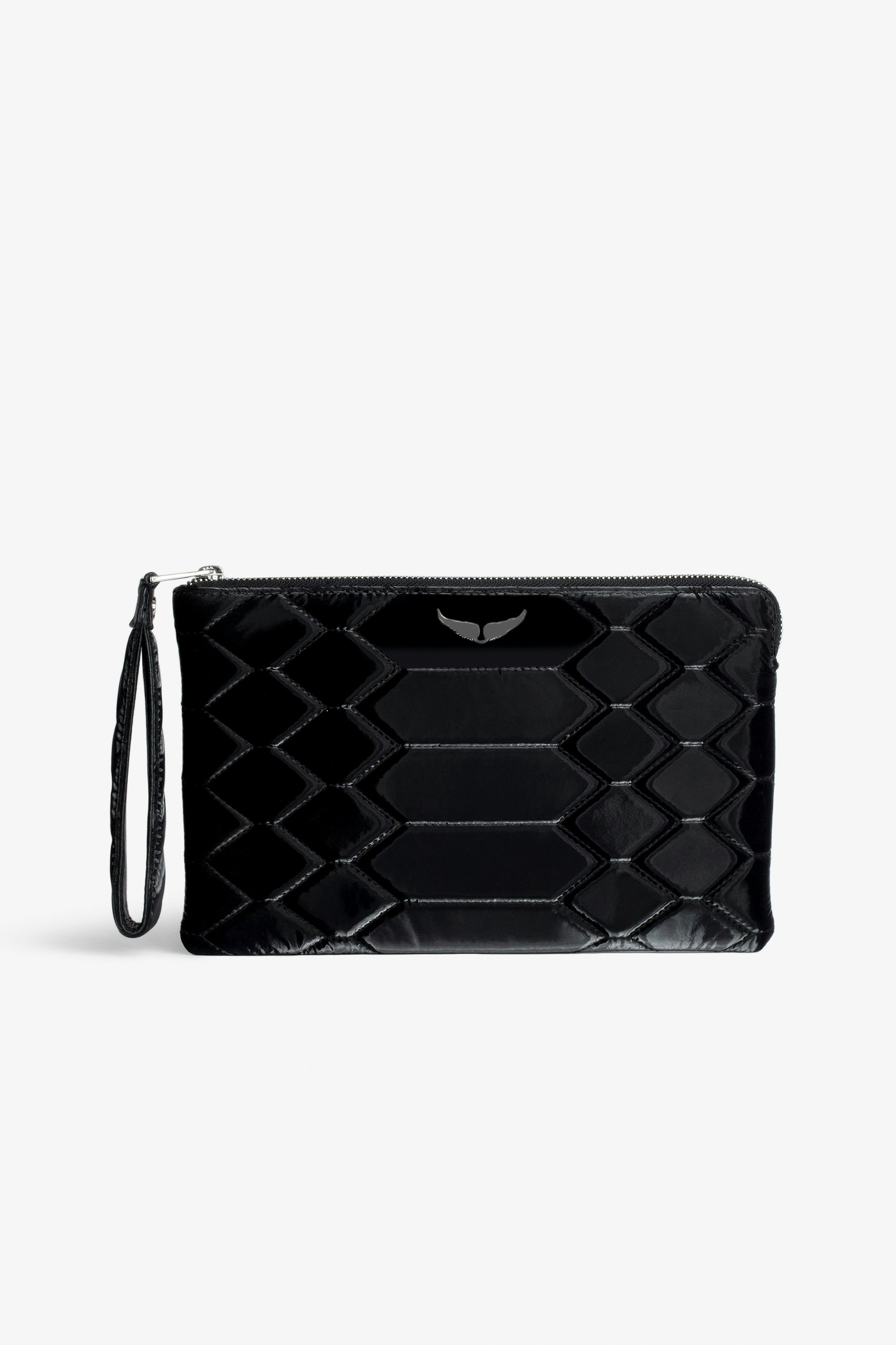 Uma Quilted Clutch Women’s black quilted python-effect clutch with wings charm.
