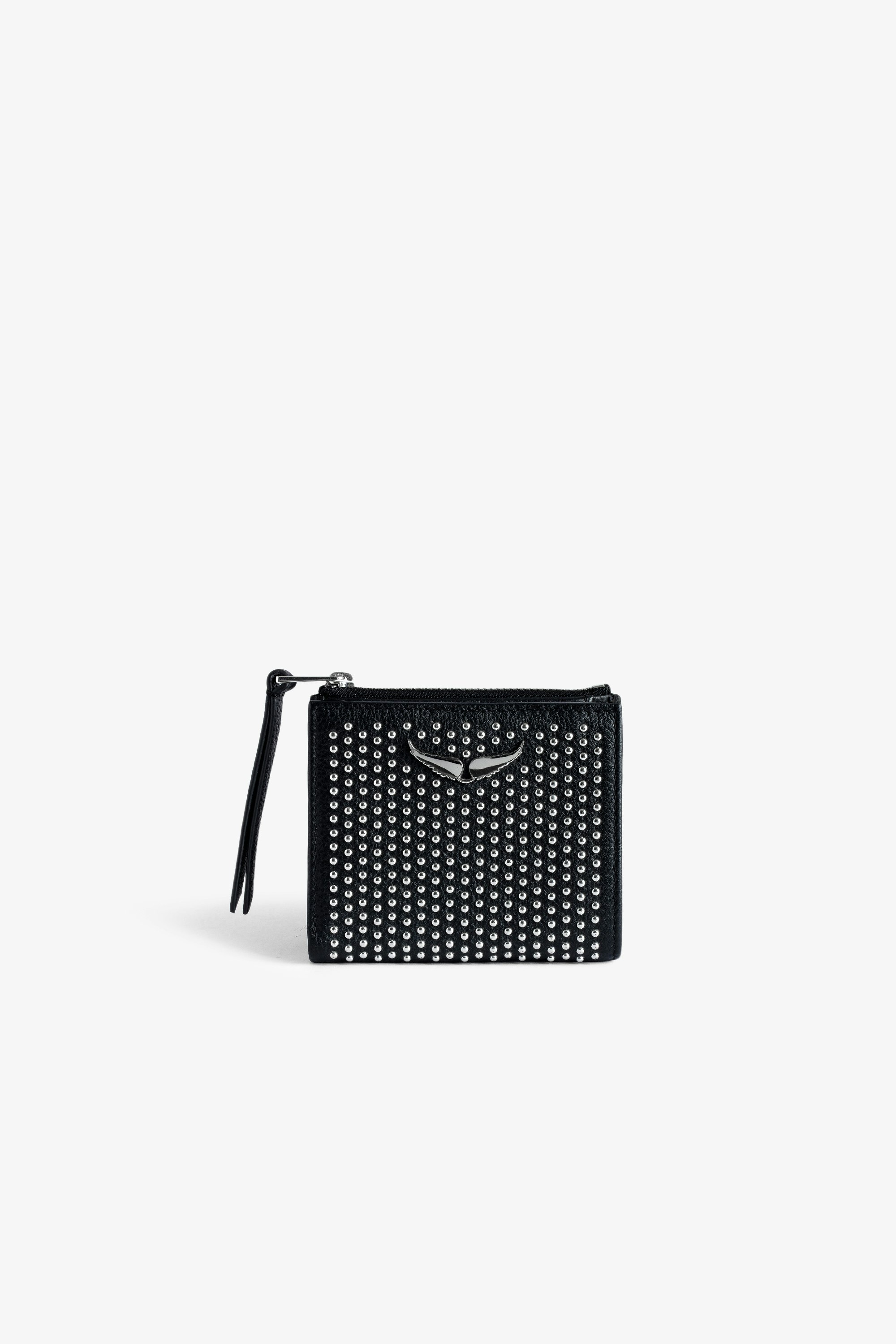 ZV Fold Dotted Swiss Coin Purse Women’s black grained leather coin purse with studs and wings charm.